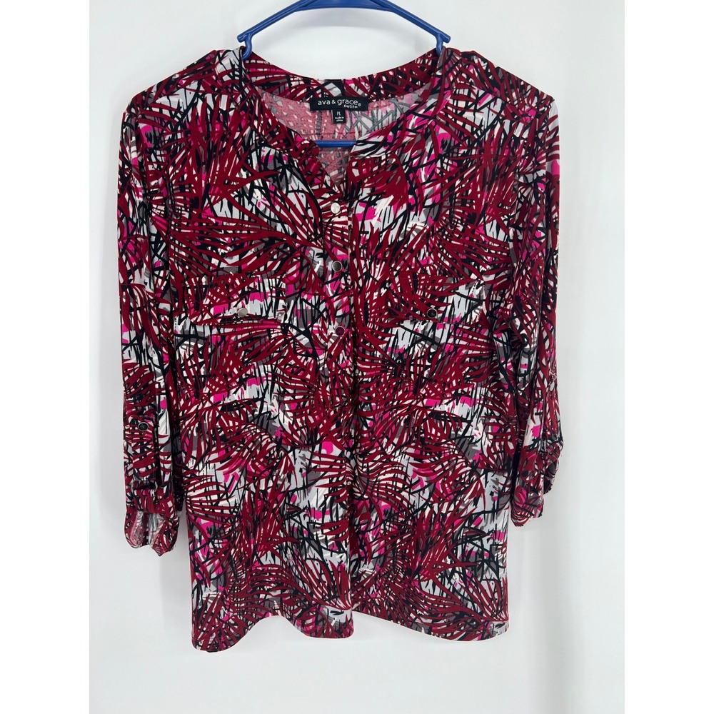Ava & Grace Petite PL‎ Red Pink Palm Leaf Print Roll Tab Sleeve Blouse Top